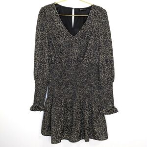 Very J Medium Black &‎ Tan Floral Long Sleeve Ruffle V-Neck Mini Dress